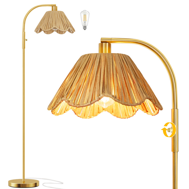 Lampe sur pied 63 po dorée pour le salon, lampe sur pied moderne avec abat-jour en raphia, interrupteur rotatif à intensité variable pour le bureau de la chambre à coucher, décoration boho