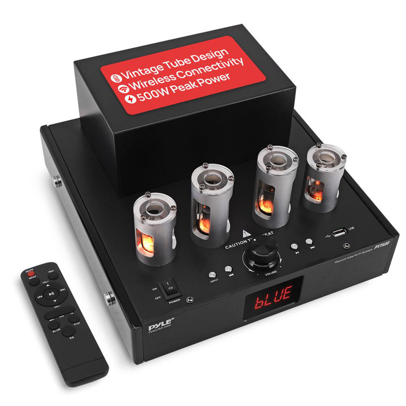 Récepteur amplificateur Bluetooth Pyle avec 4 tubes à vide - Système audio haute qualité stéréo 500W, lecteur USB, entrées CD / DVD, sortie caisson de basses, ventilateur de refroidissement intégré