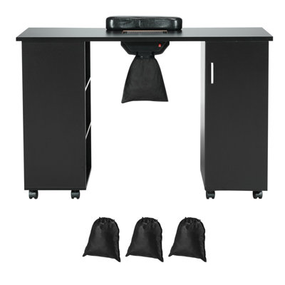 Black Manicure Table Nail Tech Station, MDF Nail Art Workstation with Electric Dust Collector, 8 Wheels (4 Lockable), 3 Dust Bags & Wrist Rest, Portable Beauty Salon Desk