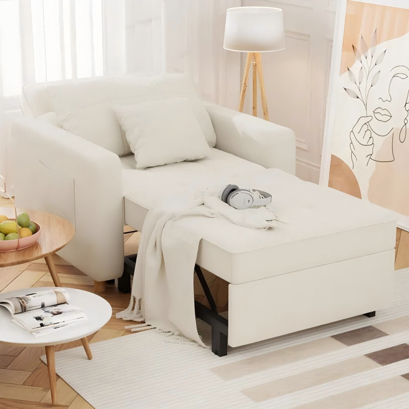 Heckman 40" Sleeper Chair,  3-in-1 Convertible Chair Bed, White Teddy