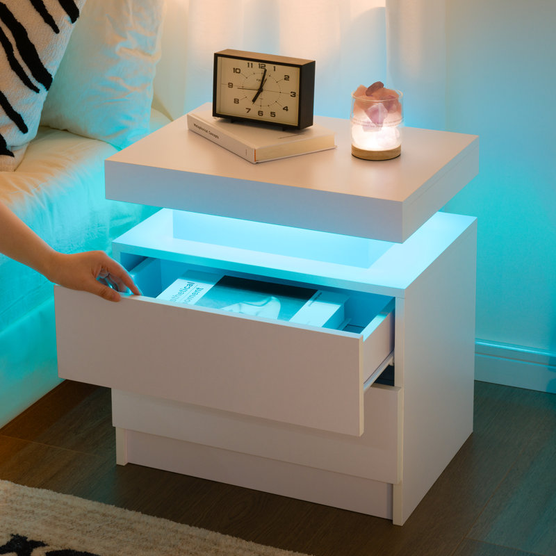 LED Nightstand with 2 Drawers, White