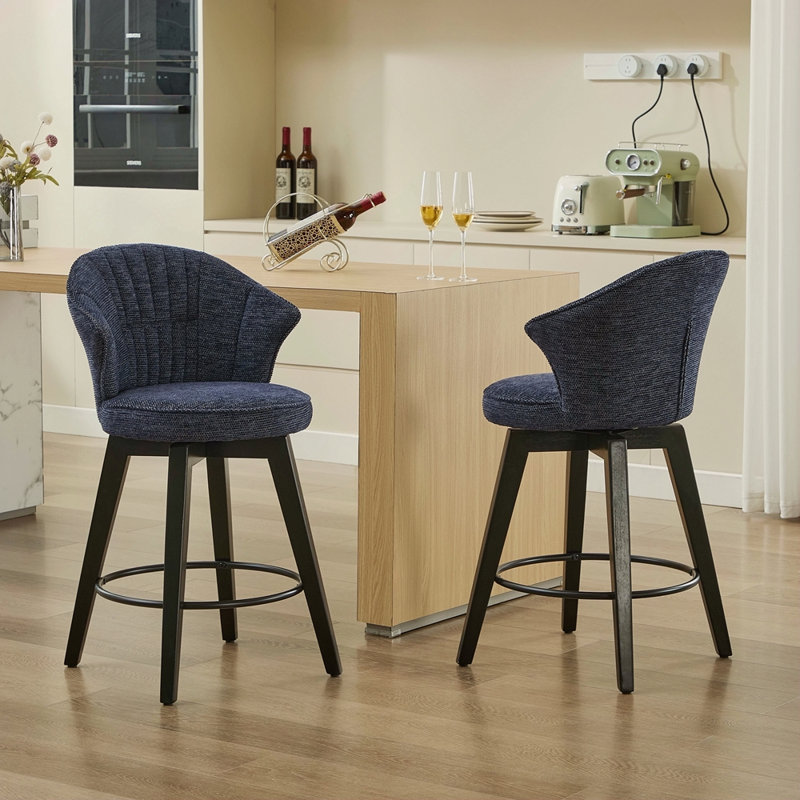 Ensemble de 2 tabourets de bar pivotants à oreilles avec pieds réglables en bois massif et revêtement en chenille, pieds de nivellement pour îlot de cuisine, pub ou salle à manger