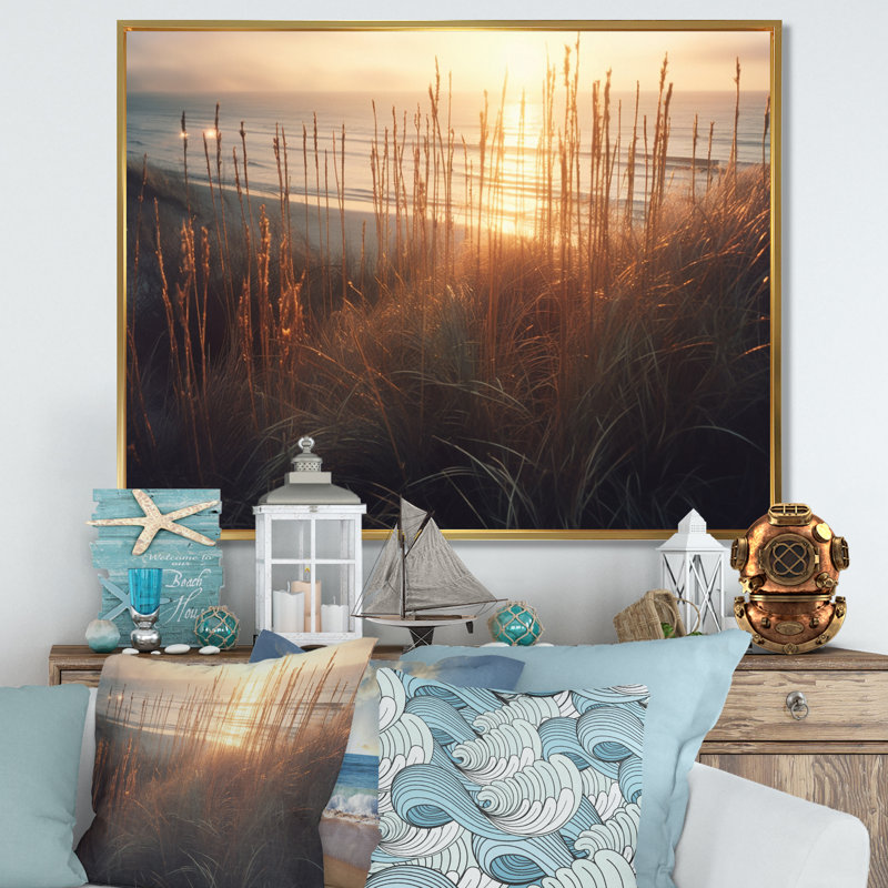 «Ocean Summer Bliss Sunset Beach Grass Waving I», reproduction sur toile, H 24 po x l 32 po x P 1 po, Cadre flottant doré