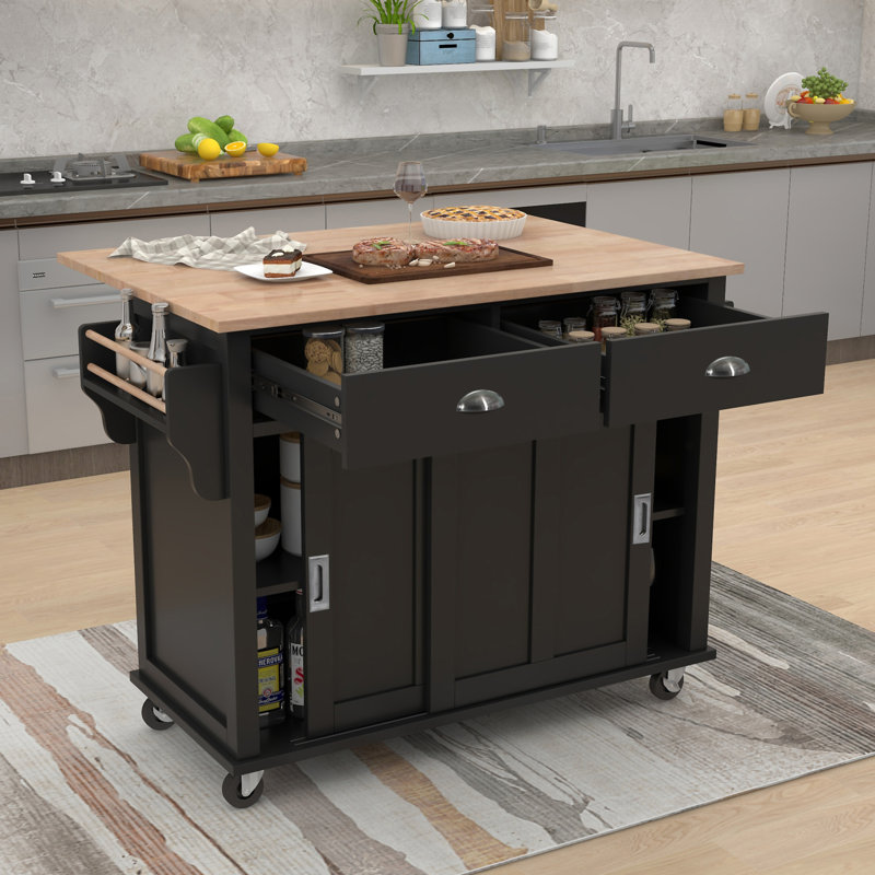 Chariot de cuisine avec comptoir à abattants en bois d'hévéa (tabouret non inclus), Noir