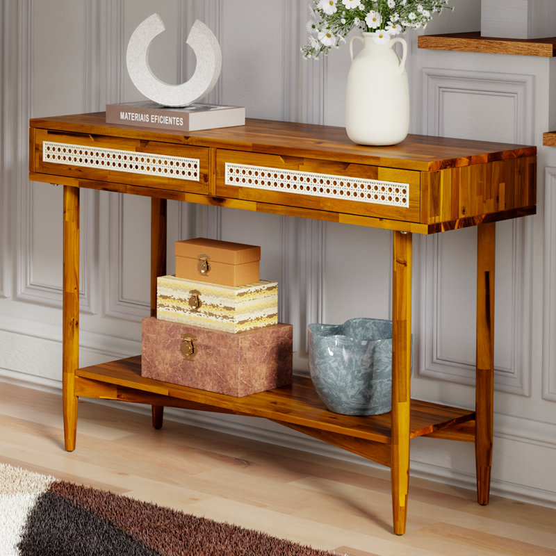  Console de style Mid-Century en bois avec 2 tiroirs Oliver, Caramel