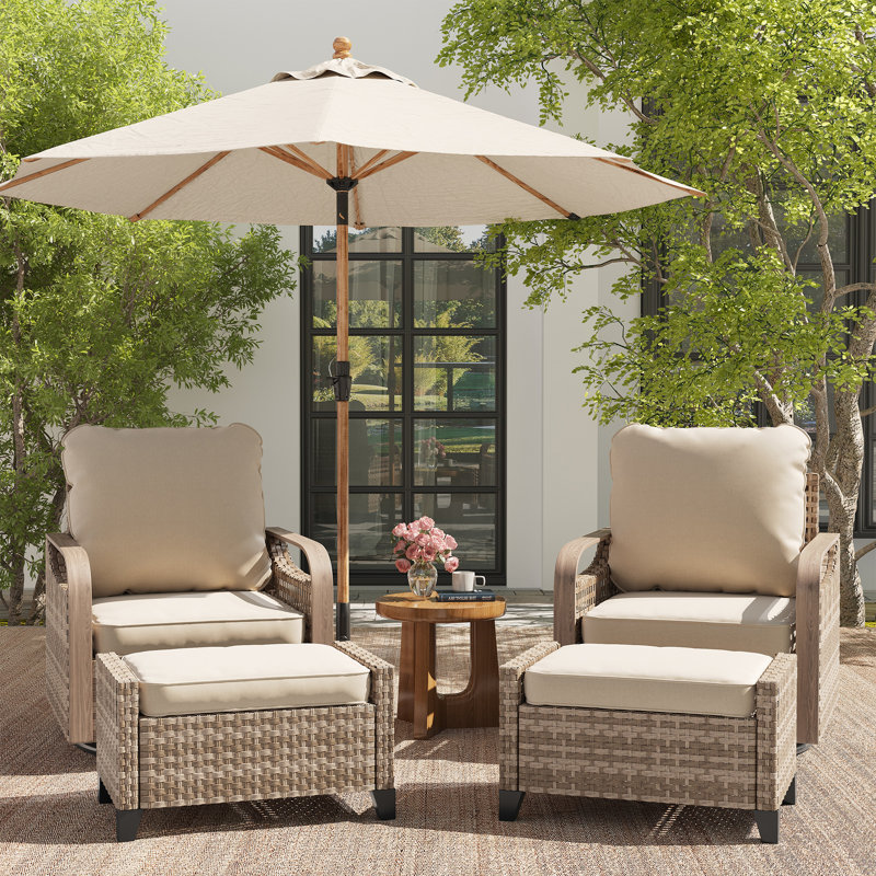 Ensemble de conversation pour patio 4 pièces, 2 fauteuils de patio avec repose-pieds, structure en acier avec transfert de chaleur à grain de bois, coussins en oléfine pour patio, porche, terrasse et bord de piscine