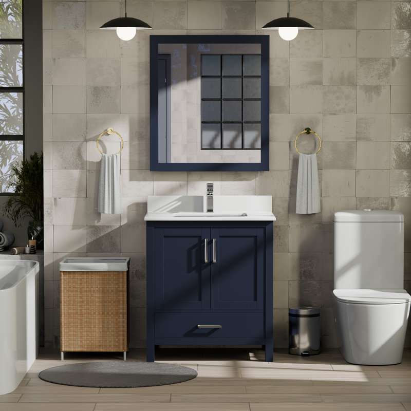 Jacques 30 in. W x 22 in. D Bath Vanity, Faucet Set, and 28 in. Mirror, Navy Blue, White Quartz