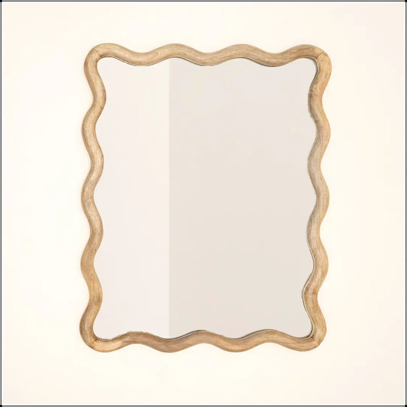 Wavy Wall Mirror with Mango Wood Frame and Scalloped Design