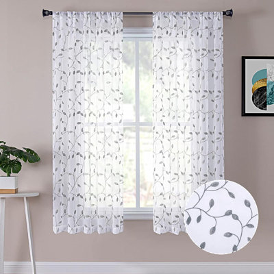 Leaves Short Sheer Curtains Sage  Leaf Embroidery Bedroom Curtain Rod Pocket Voile Faux Linen Embroidered Leaves Curtains For Living Room Long, Set Of 2 Panels