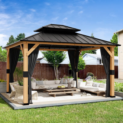 Pavillon de jardin d'extérieur en bois massif à toit rigide avec crochet de plafond et moustiquaire
