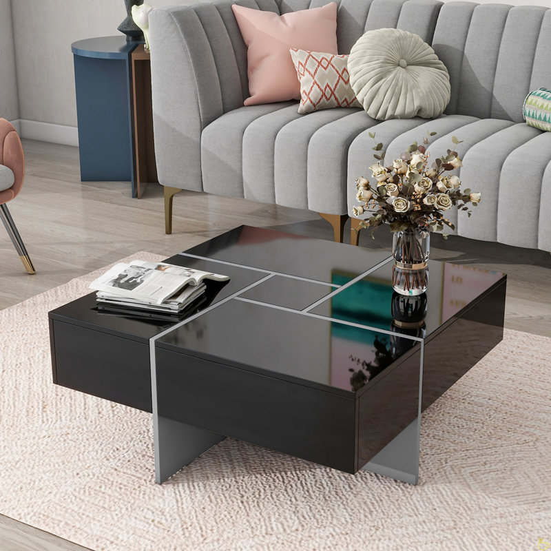 Coffee Table With 4 Hidden Storage Compartments, Square Cocktail Table With Extendable Sliding Tabletop