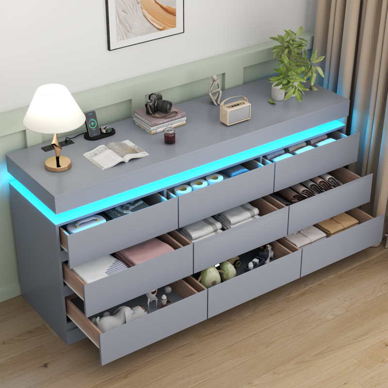 9 Drawers Dresser For Bedroom With Charging Station And LED Lights, Gray