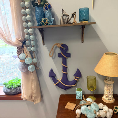 Large 24"X16" Ship Anchor & Rope Wall Hanging - Hand-Painted Blue Finish for Nautical Elegance - Easy Installation - Captivating Maritime or Beach Decor