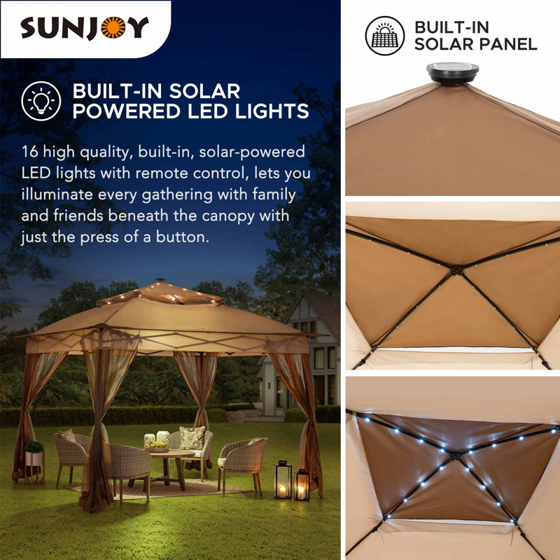 Brown Steel Frame Pop-Up Gazebo with Solar LED Lighting