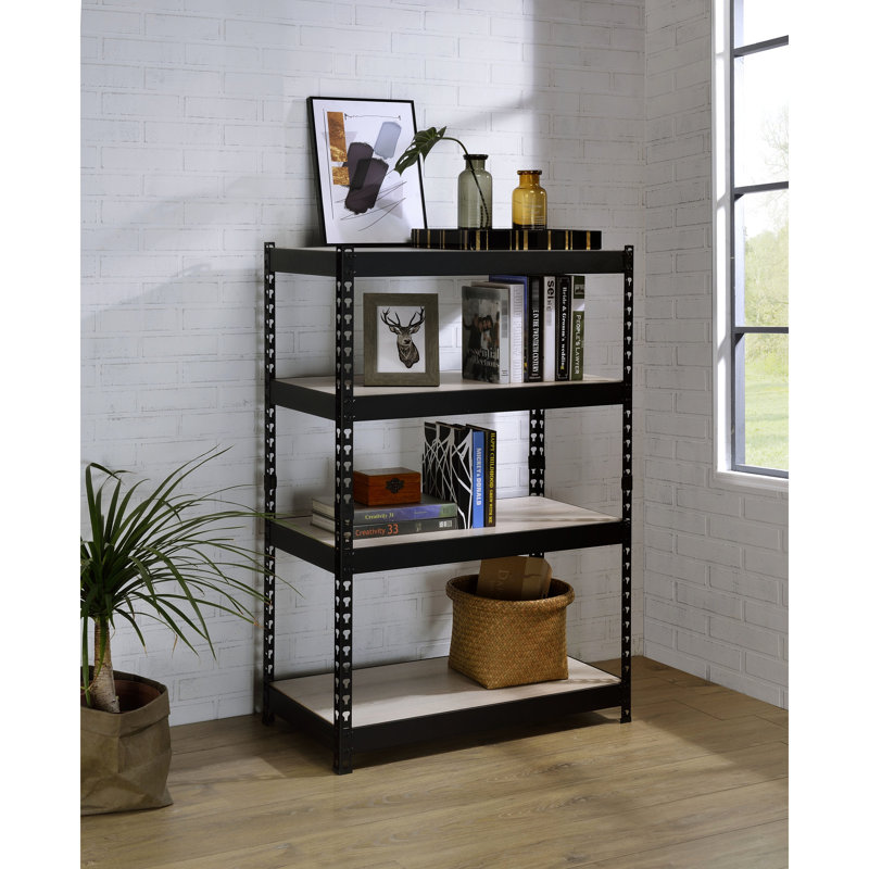 Industrial Bookshelf, Natural & Black, 4 Tier Rectangular With Metal Open Frame And Adjustable Shelves Black Shelves, Storage Organizer Unit