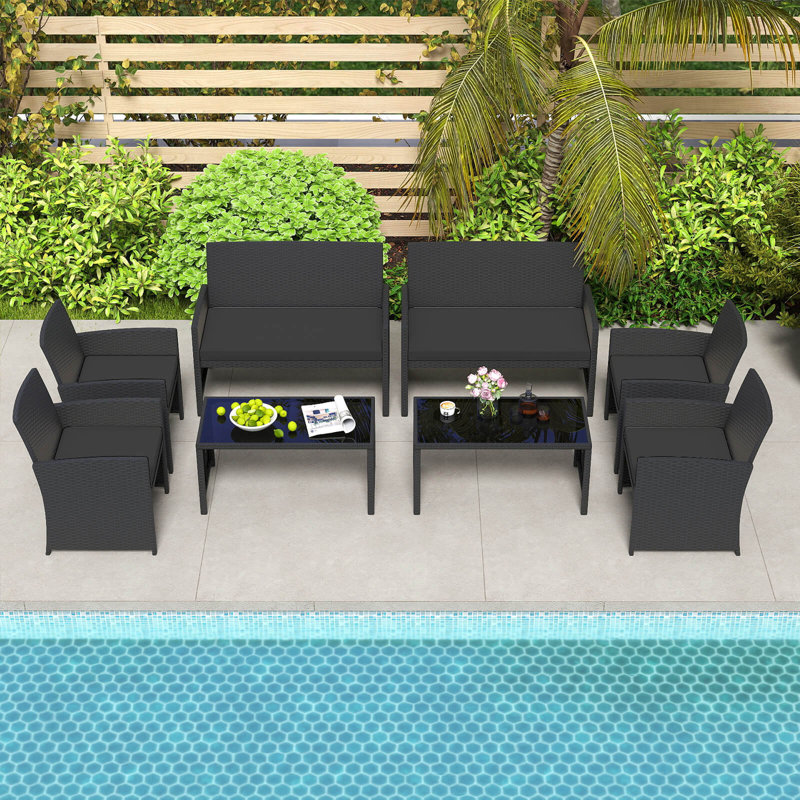 4 PCS Patio Conversation Set with Seat Cushions & Tempered Glass Tabletop, Porch Black+Black, Black, Black