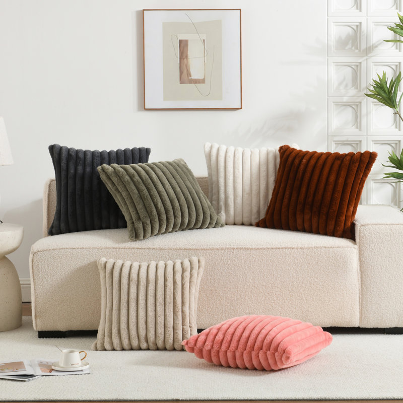 Soft Cozy Faux Rabbit Fur Throw Pillow Covers Striped Decorative  Cushion Covers, Square 20", White