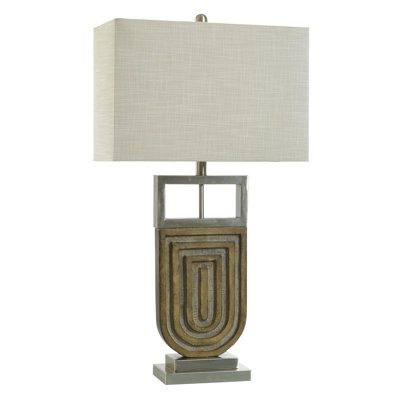 Lampe de table chêne argenté - corps brun brossé et champagne doré - abat-jour avoine