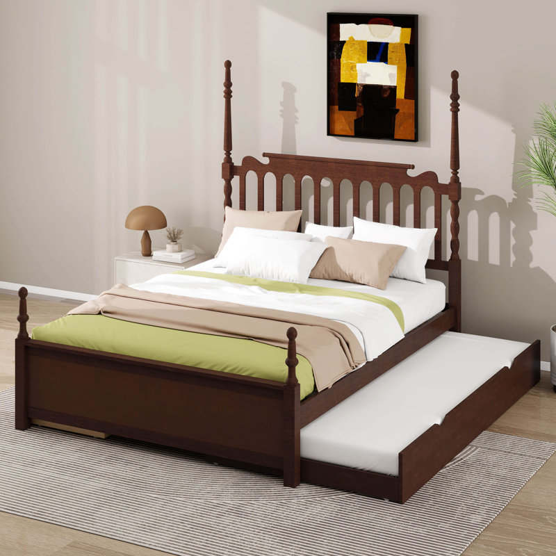 Base de lit plateforme classique en bois avec tête de lit à broche, lit gigogne simple TG et 2 tiroirs de rangement, Noyer