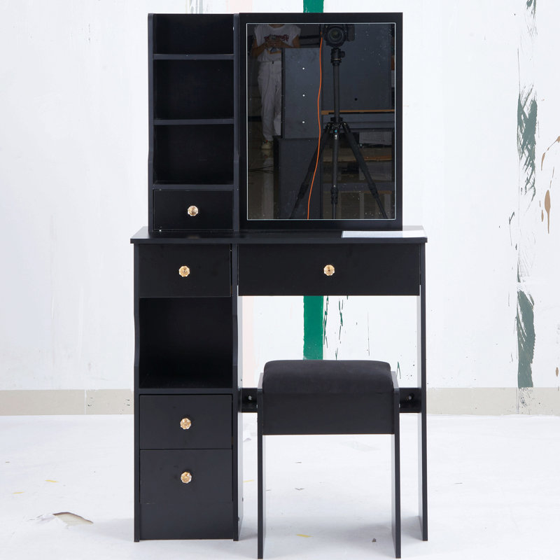 29.2" Small Space Left Drawer Desktop Vanity Table + Cushioned Stool, Extra Large Right Sliding Mirror, Multi Layer High Capacity Storage, Practical Fashionable Dresser, Epa, Gcc, Ul Certificate