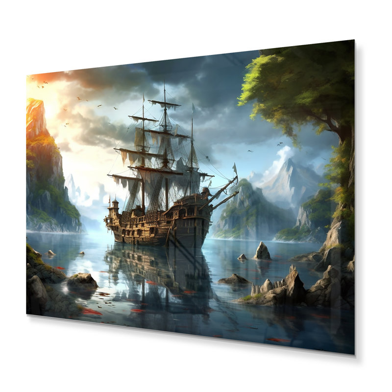 Bateau pirate en mer - reproduction de pirate sur métal, H 24 po x l 32 po