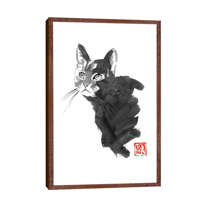 Staring Cat by Péchane - Painting on Canvas, 101.6 cm H x 66.04 cm W, Classic Brown Wood Framed