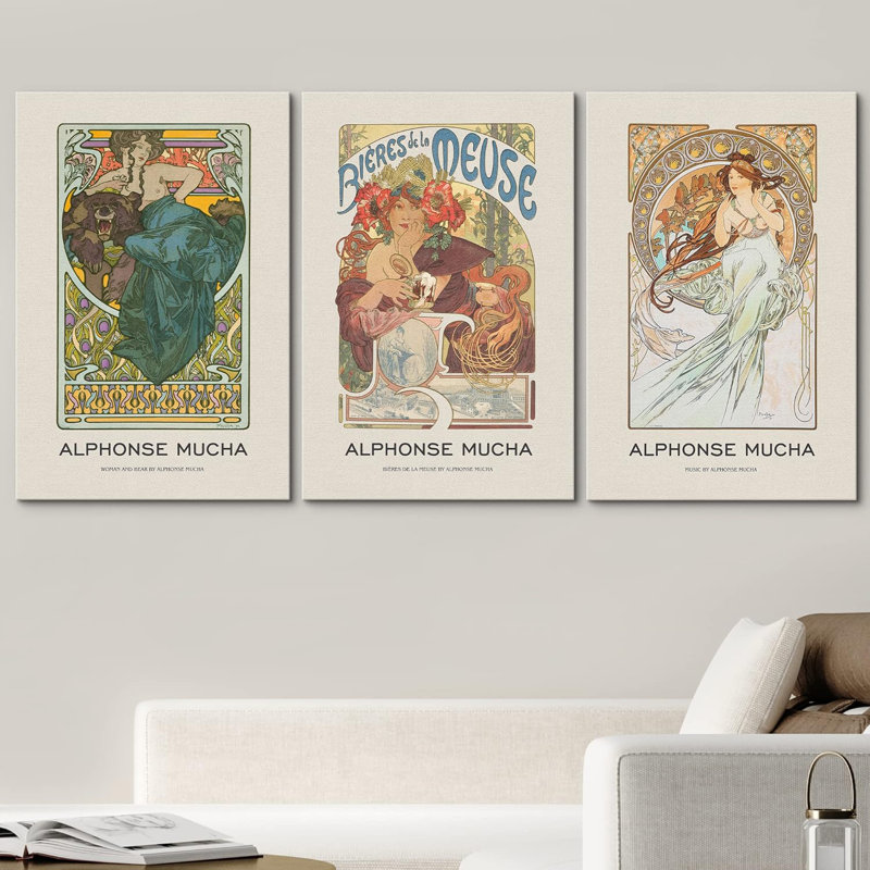 Œuvre classique, motif de fleurs d'Alphonse Mucha, femmes, 3 pièces, H 24 po x l 16 po x P 1,5 po, Plastique naturel encadré