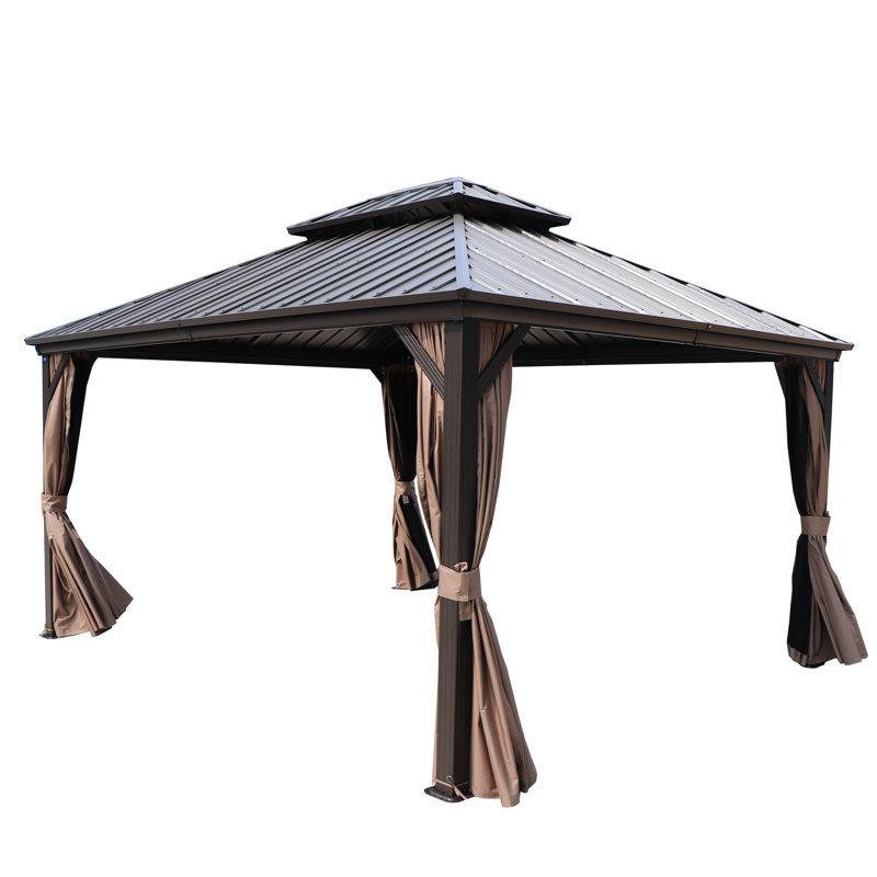 Caesar 12x14 Dark Brown Aluminum Permanent Gazebo with Netting and Curtains