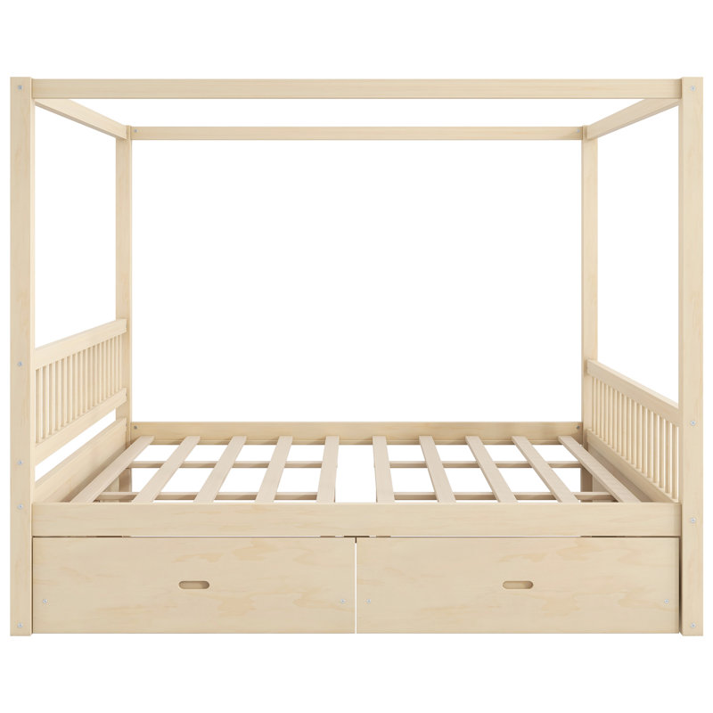 Lit à baldaquin en bois massif avec 2 tiroirs de rangement, structure à lattes, conception compacte pour l'organisation de la chambre à coucher