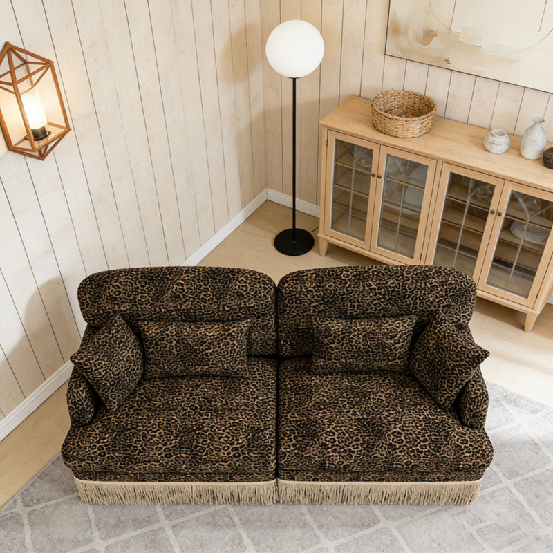Comfy Chenille Leopard Printing Sofa,Delicate Tassel Edge,Movable Ottomans,Modern Fashion Style, Brown+2seat
