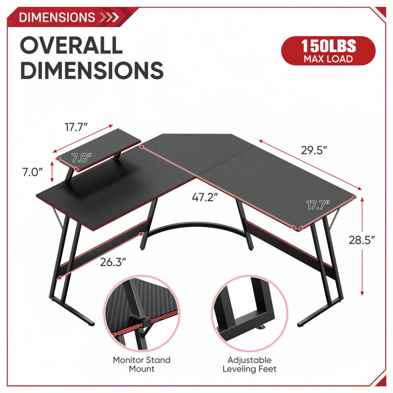Bureau d'ordinateur en forme de L avec grand support pour écran Sherri, Noir, noir, noir, noir