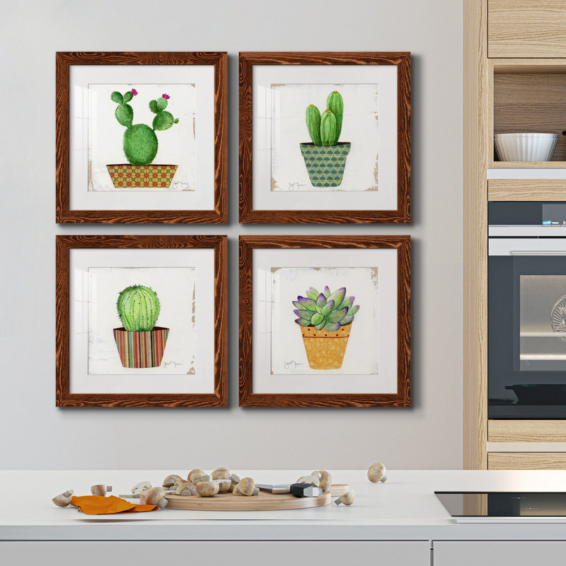 Boho Cacti I - Ensemble de 4 reproductions de cadres photo sur toile, H 27,5 po x l 110 po x P 1,5 po, Érable, Pas de tapis