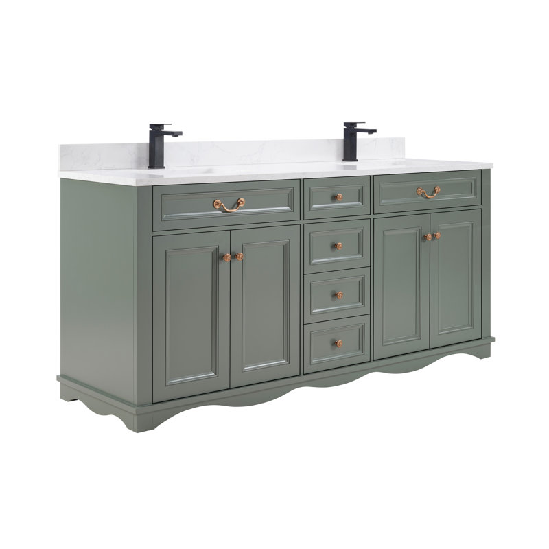 72" Solid Wood Sink Vanity  With 1' Artificial Stone Top, Pewter Green