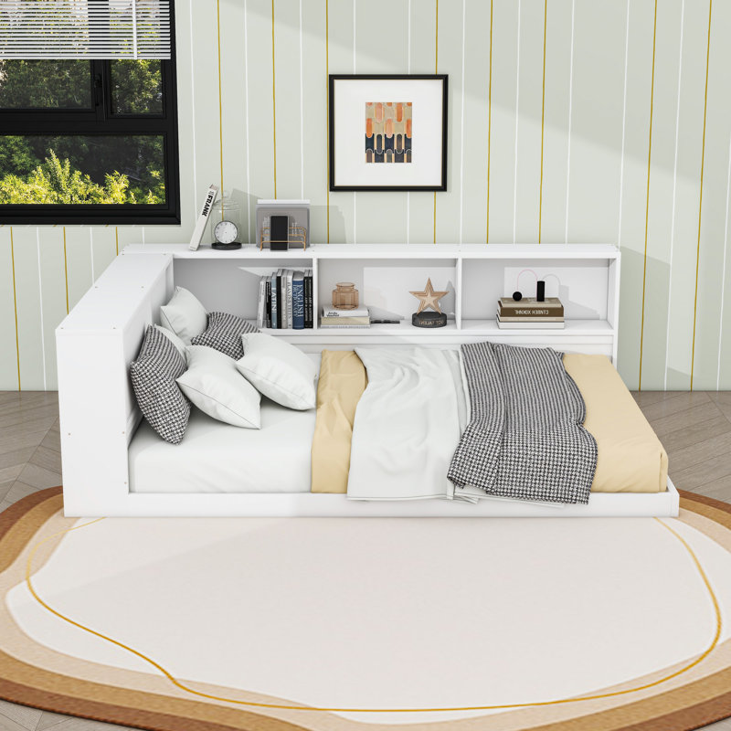 Queen Wooden Daybed with Shelves and Charging Station and LED, White