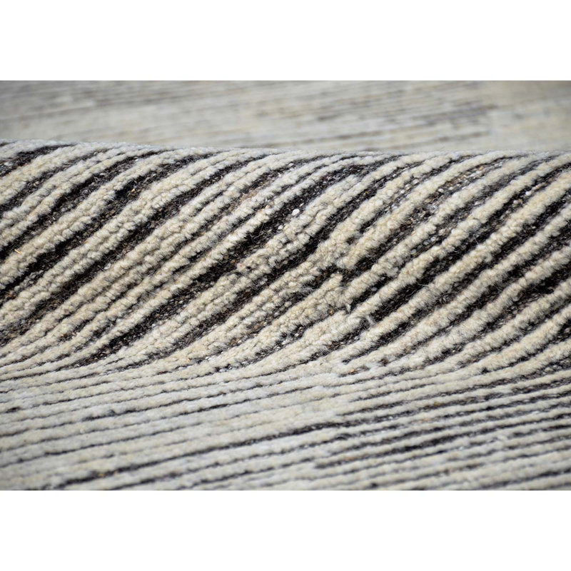 Tapis rayé en laine noué à la main ivoire / noir, Rectangle 12 pi x 15 pi