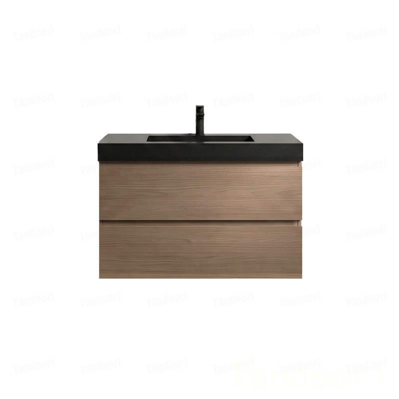 Meuble-lavabo mural en noyer avec lavabo, grand meuble-lavabo flottant mural pour salle de bain moderne, lavabo une pièce sans drain ni robinet, pré-assemblé