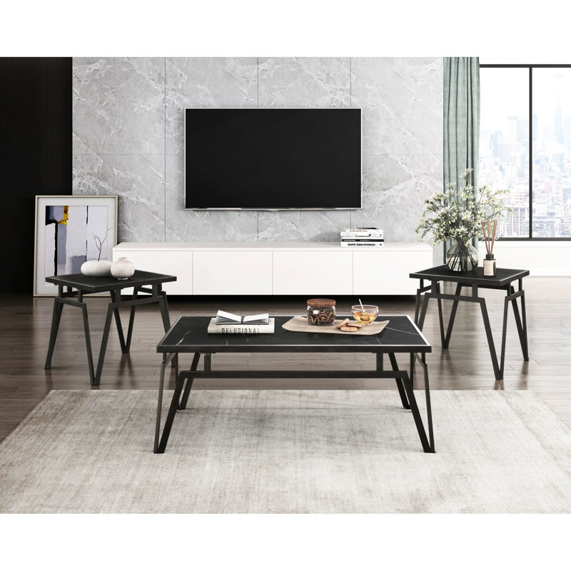 Table d'appoint contemporaine 3 pièces: pierre frittée noire et plateau en métal éblouissant et fascinant