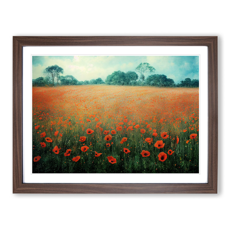 Pleasant Poppy Field Flowers 1 Piece Single Picture Frame Wall Art, 46cm H x 64cm W x 2cm D, Walnut Framed