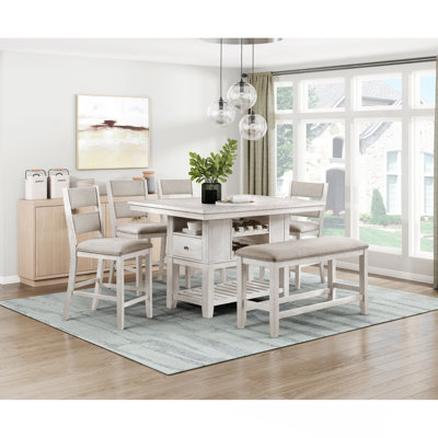 Ensemble de salle à manger 6 pièces à hauteur de comptoir avec table de finition blanc antique et tiroirs