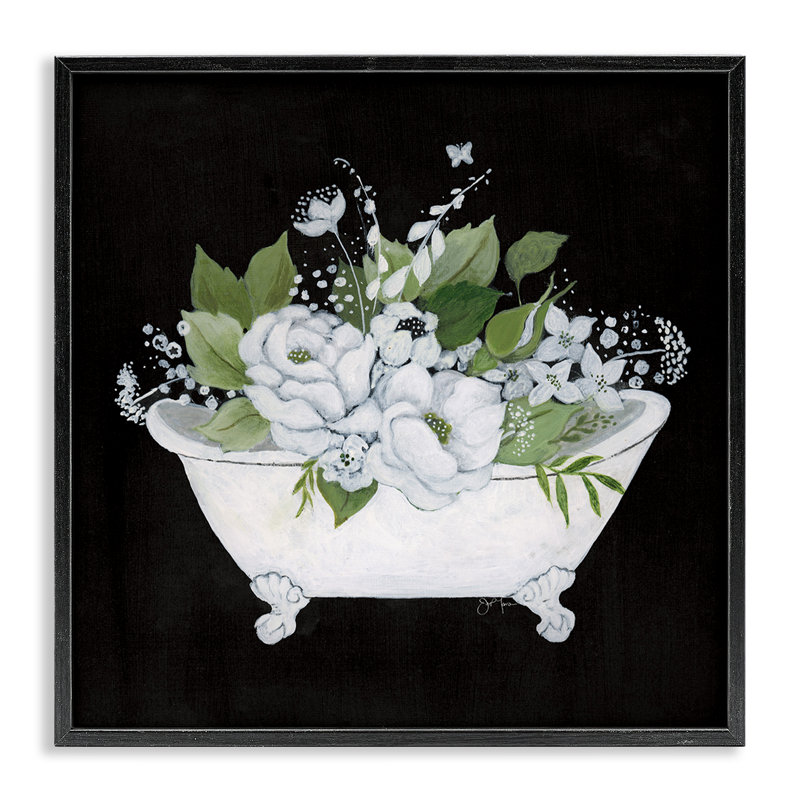 Charmante baignoire florale giclée par Janet Tava, Giclée encadrée noir minuit, H 12 po x l 12 po