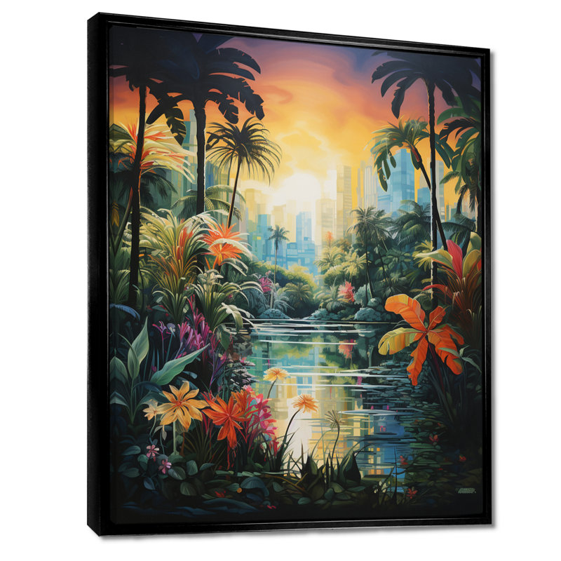 Oasis tropicale, palmiers, paradis du sud - décor d'art mural bord de mer tropical, Toile avec cadre flottant noir
