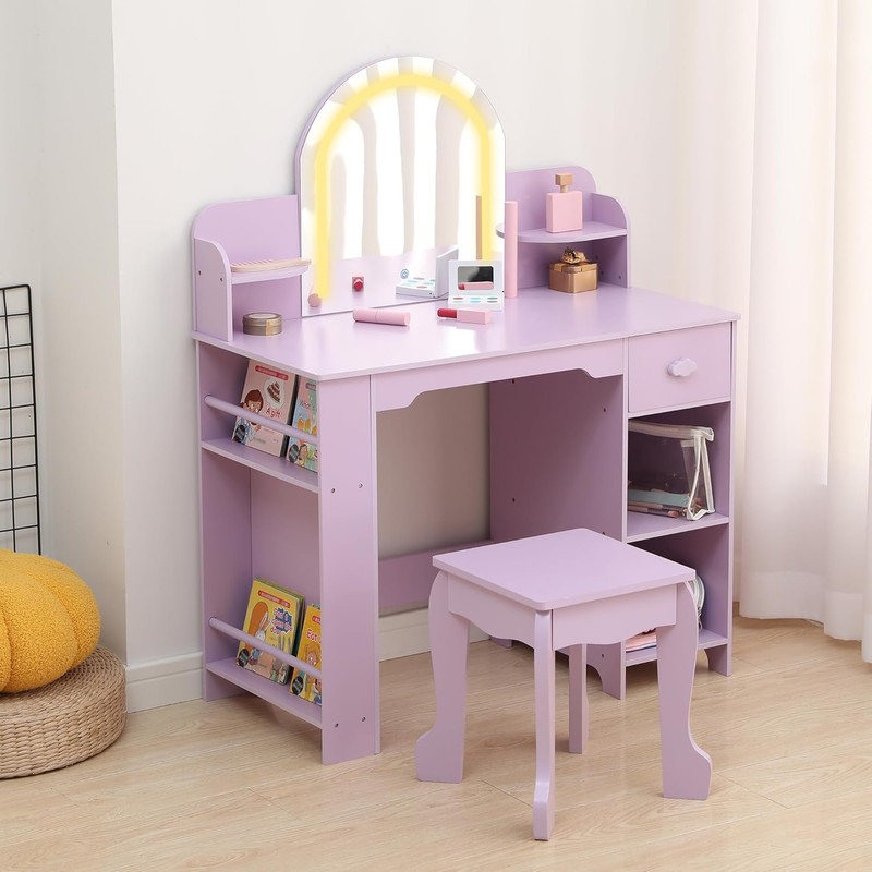 Coiffeuse pour enfants avec miroir lumineux et tabouret, bureau réglable à DEL avec rangement pour filles de 3 à 9 ans, Mauve