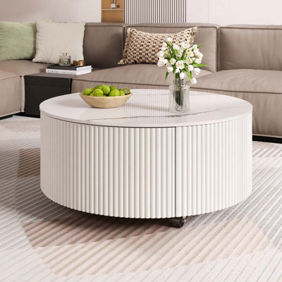 Table basse ronde et mobile avec roulettes, 2 tiroirs