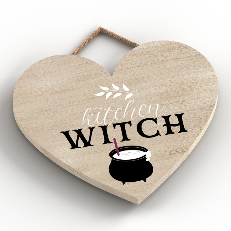Kitchen Witch Wooden Heart Plaque, 16cm H x 17cm W x 0.9cm D, Brown