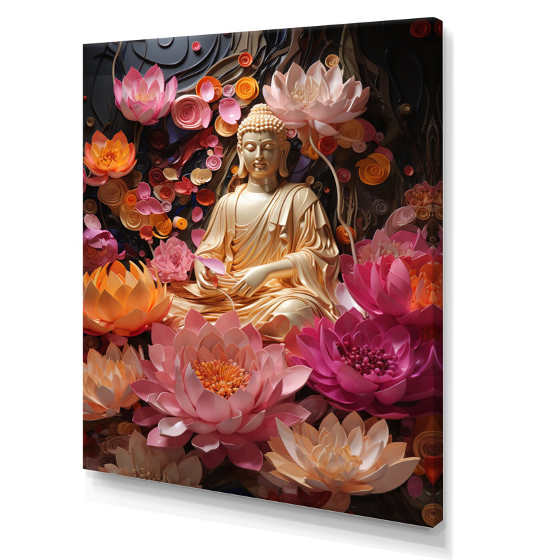Reproduction d'art sur toile encadrée, "Bouddha rose doré", L 34 po x H 44 po, Toile tendue