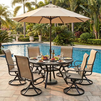 Ensemble de salle à manger 7 pièces pour 6, 6 chaises pivotantes et table ronde en métal de 47 po avec trou pour parasol, ensemble de salle à manger d'extérieur toutes saisons pour terrasse, pelouse, cour et porche