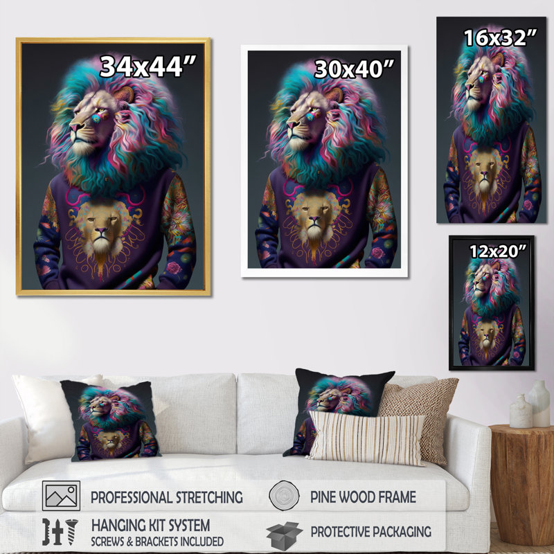 " Cool Lion With Flamboyant Sweater ", 32" H x 16" W x 1" D, Black Floater Framed