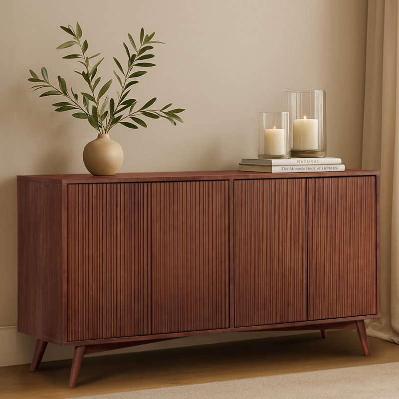Buffet moderne à 4 portes avec tablettes réglables et portes cannelées à ouverture par pression pour la salle à manger ou le salon