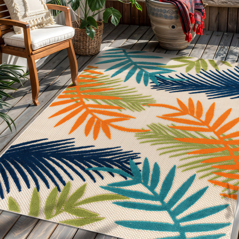 Parksley Palm Frond Indoor/Outdoor Area Rug Ivory/Orange/Navy, Rectangle 7'10" x 10'