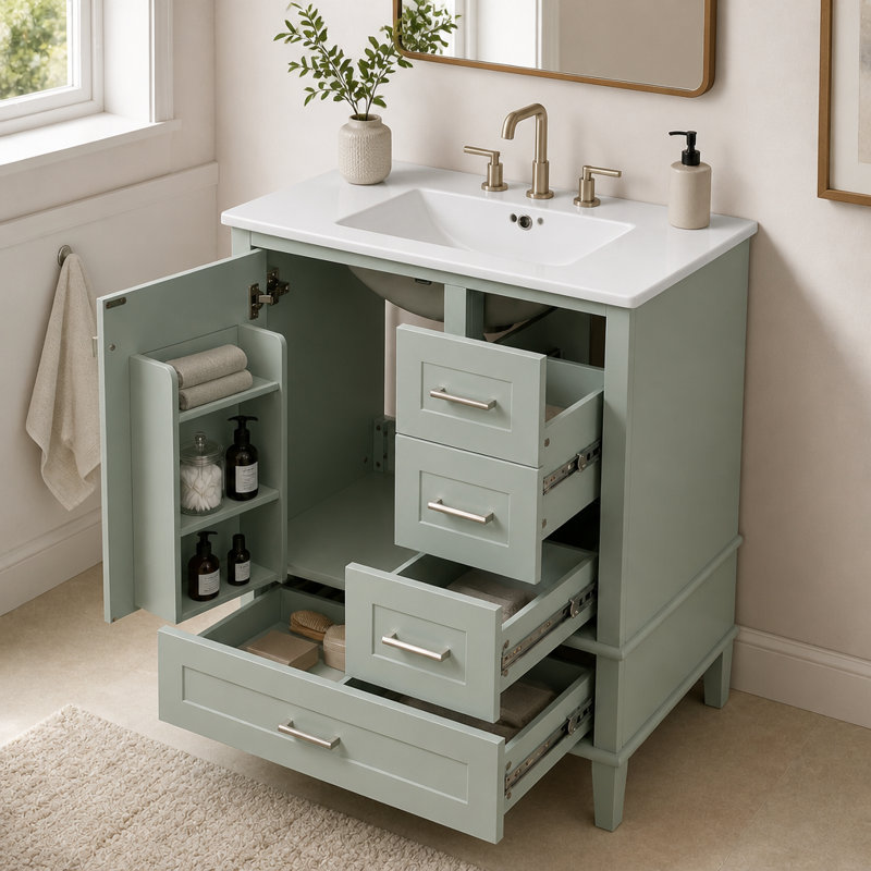Freestanding Standard Single Vanity Bathroom Vanity With Ceramic Top